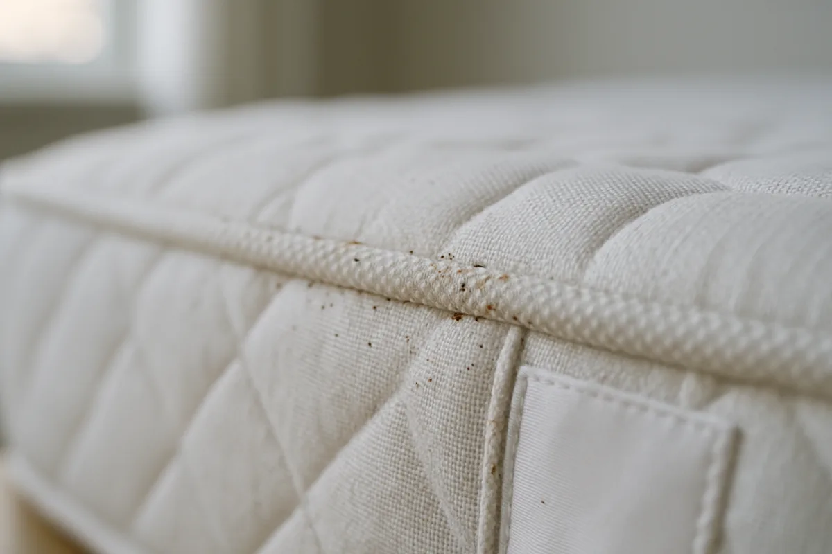 Naad van een matras met kleine donkere stipjes en roodbruine vlekjes