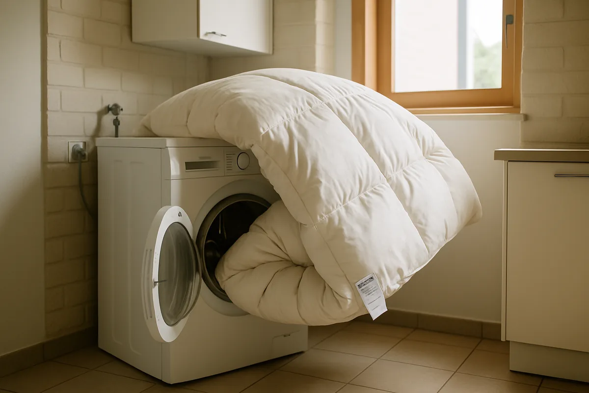 Dik donzen dekbed dat niet in de trommel van een wasmachine past
