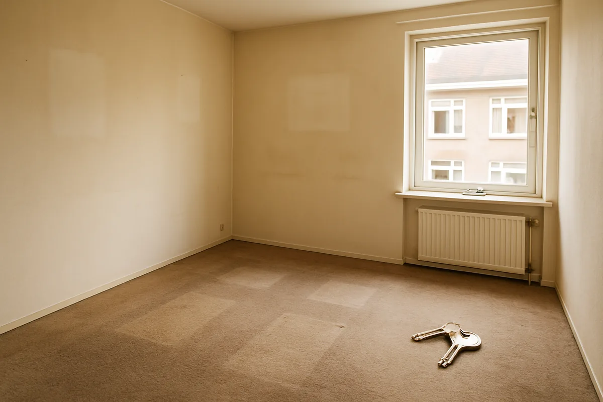 Leeggeruimde huurwoning met lichtere plekken in het tapijt waar meubels stonden