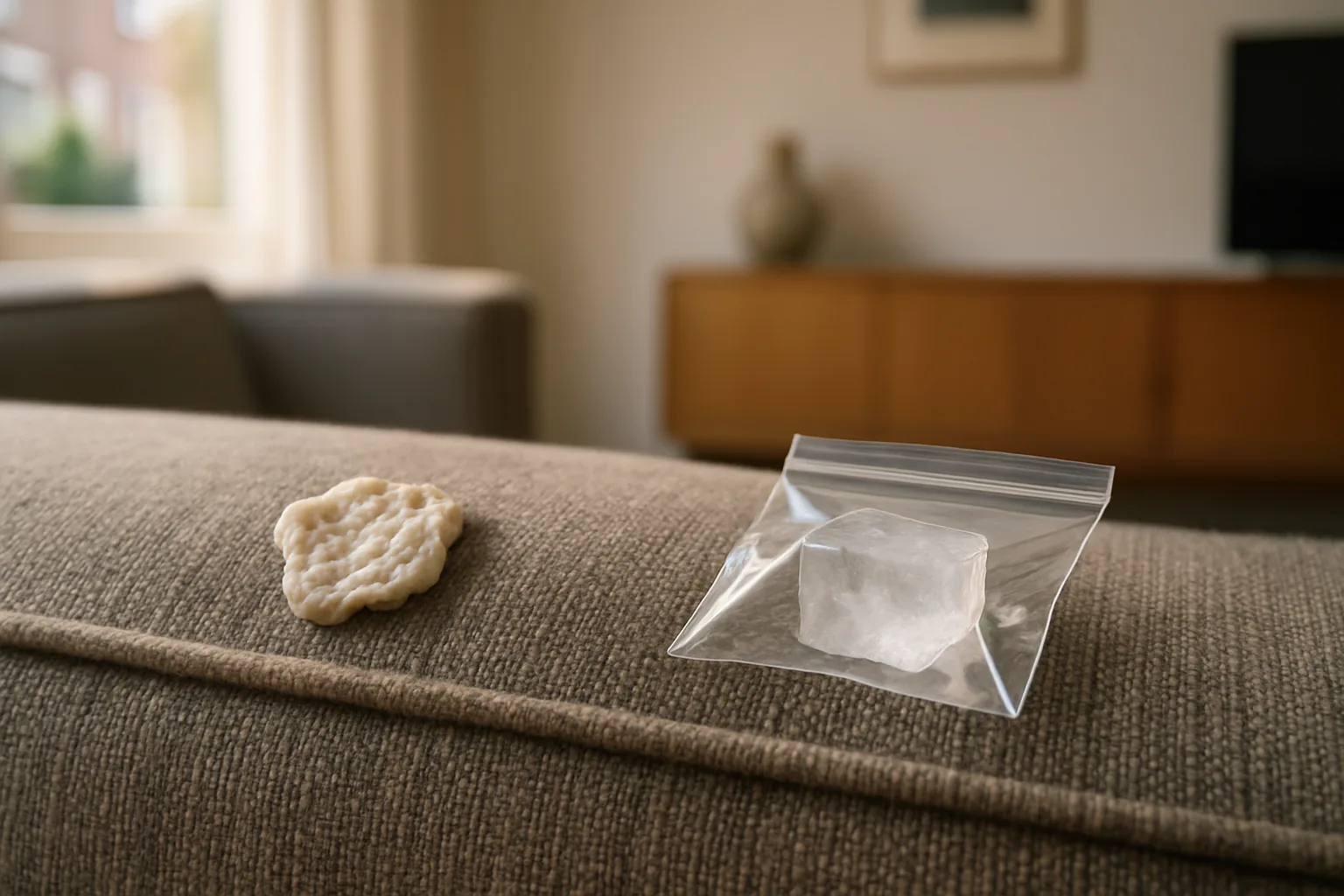 Kauwgom verwijderen uit bankbekleding met ijsblokje