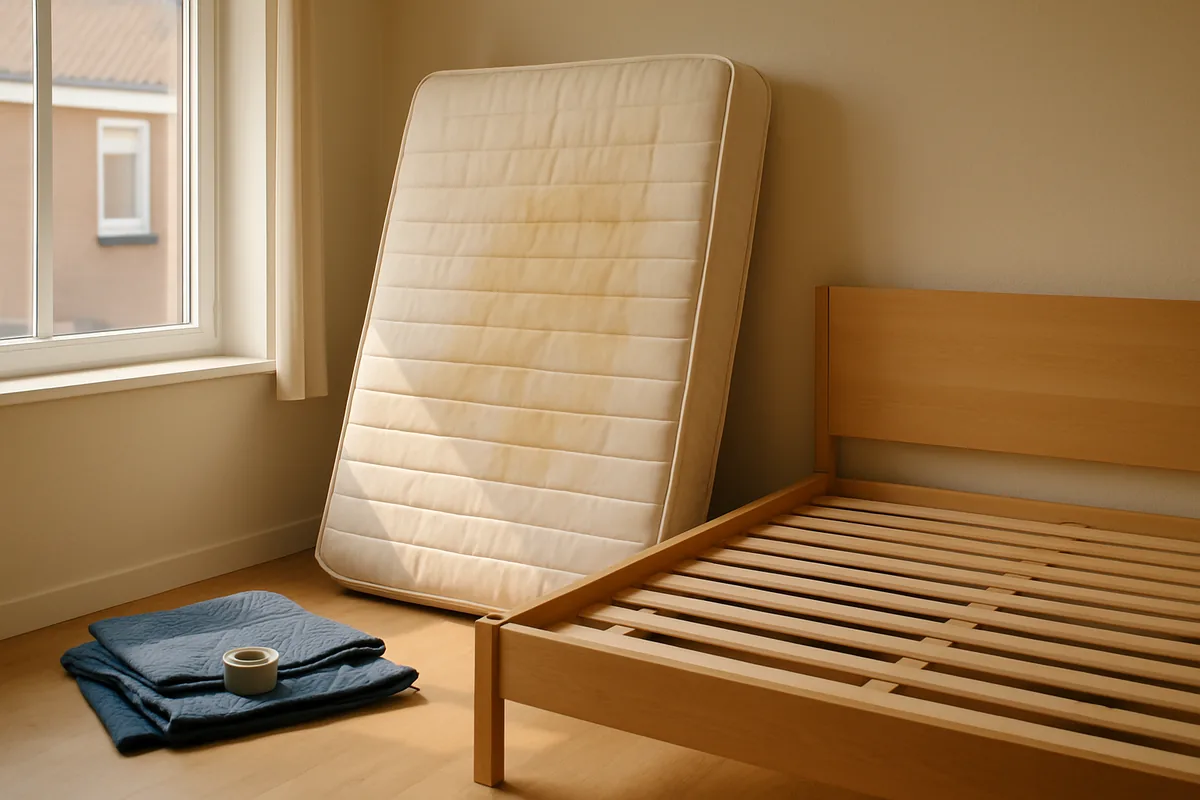 Oud matras rechtop tegen de slaapkamermuur naast een leeg bedframe