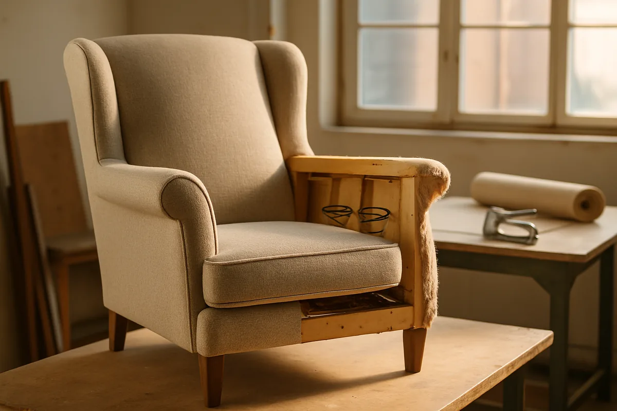 Fauteuil in een werkplaats met de oude bekleding deels verwijderd