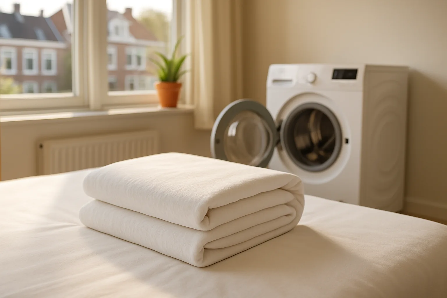 Molton hoeslaken bij de wasmachine