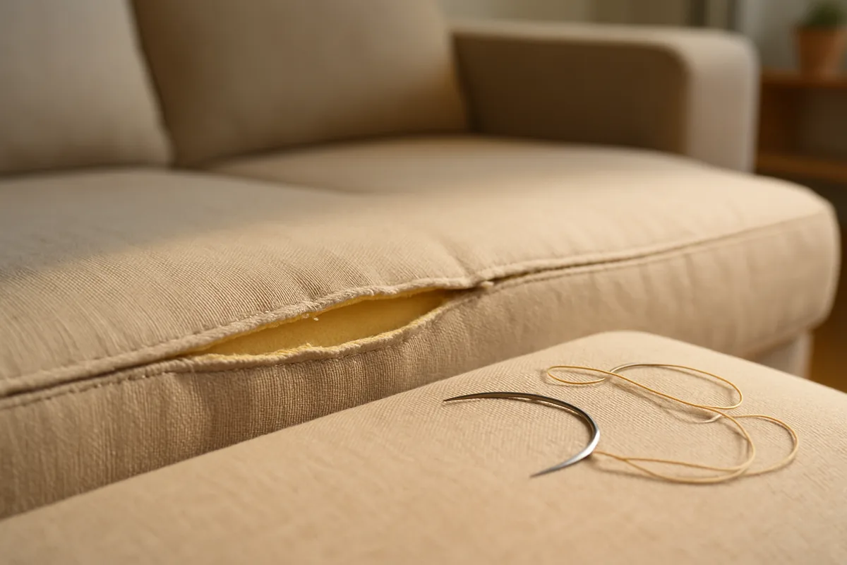 Losgetrokken stiknaad in een beige stoffen bankkussen met naald en draad ernaast