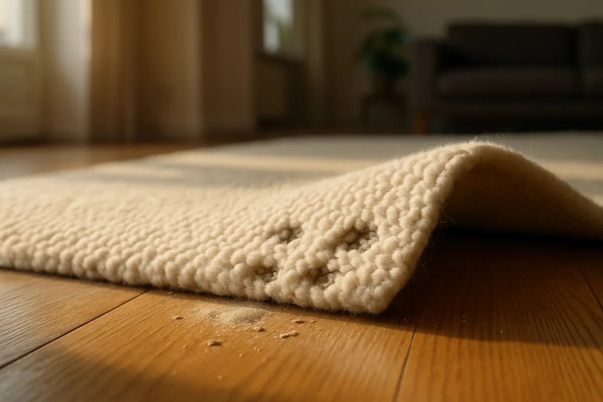 Wollen vloerkleed met kale plekken door vraat van tapijtkeverlarven