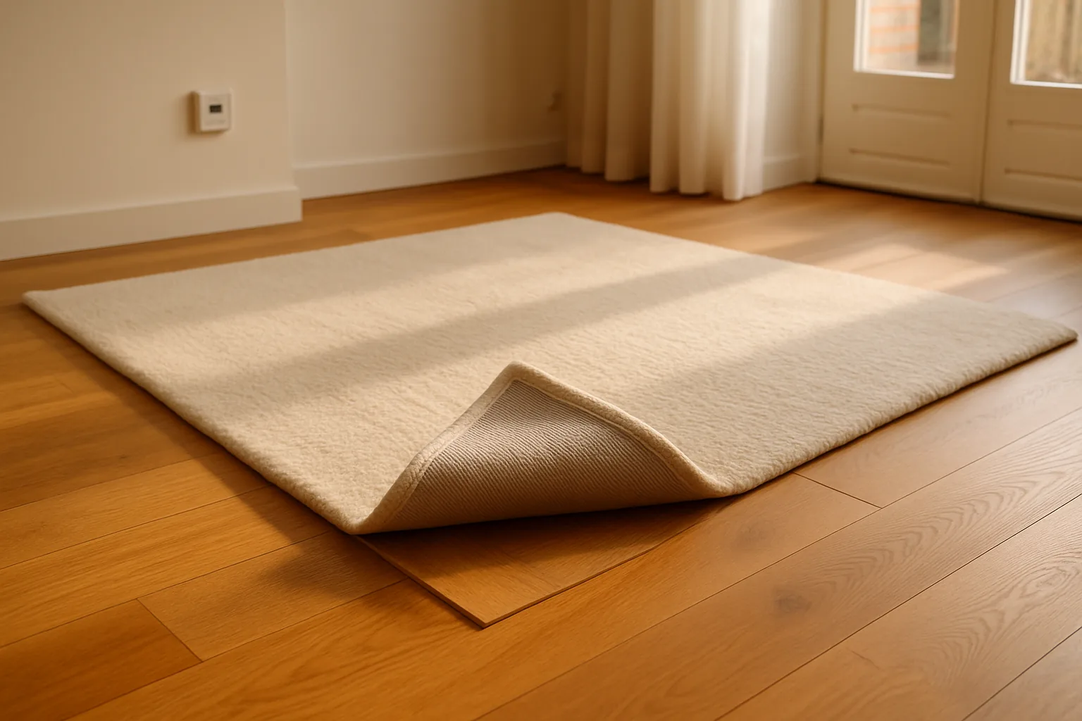 Wollen vloerkleed op een houten vloer met vloerverwarming