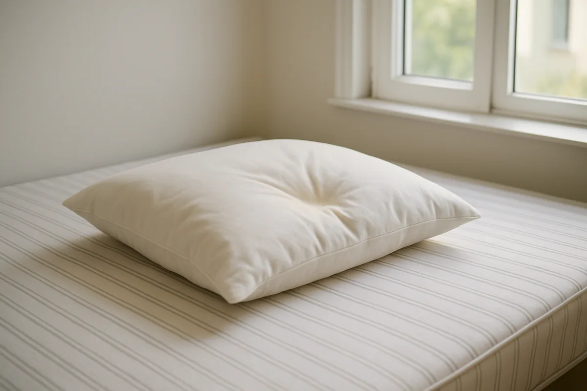 Wit hoofdkussen met lichte verkleuring op een matras zonder beddengoed