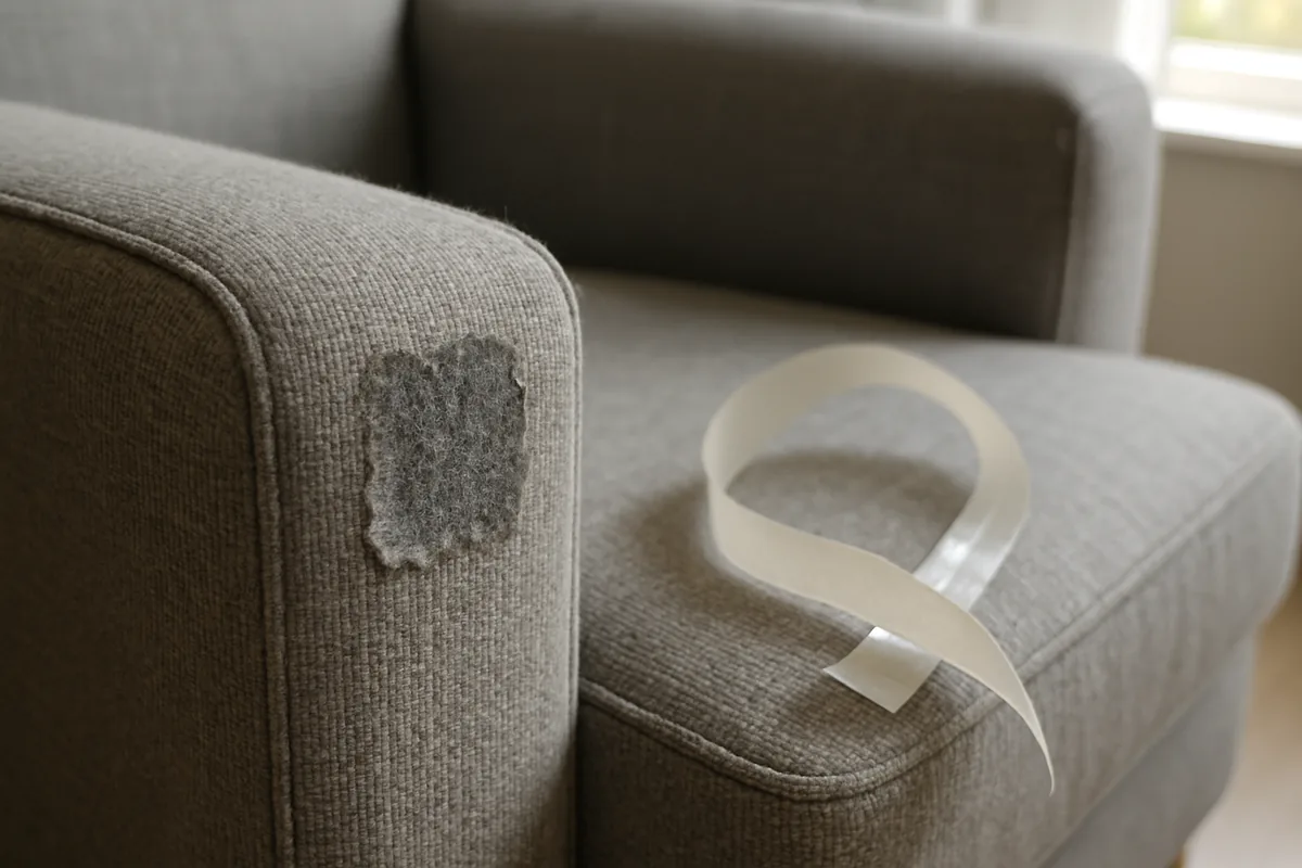 Kleverige stickerlijmrest op de armleuning van een grijze stoffen bank met een stuk plakband ernaast