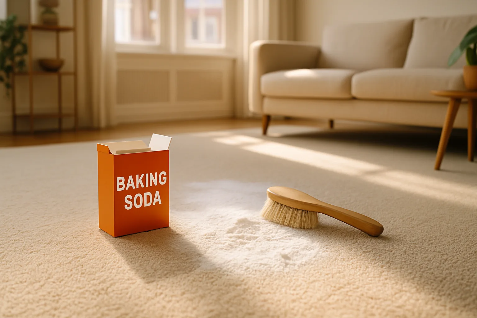 Baking soda strooien over tapijt
