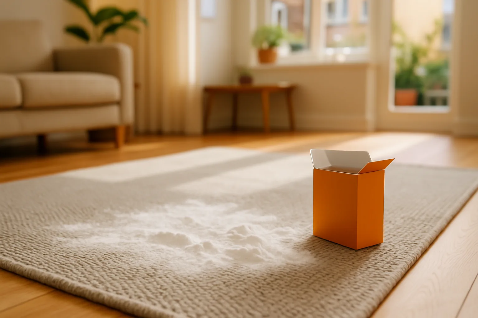 Baking soda strooien over vloerkleed